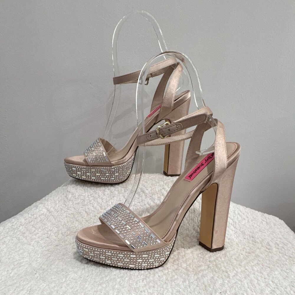 Betsey Johnson Beige/Silver Rhinestone Platform Ankle Strap Block Heel Sz 6.5